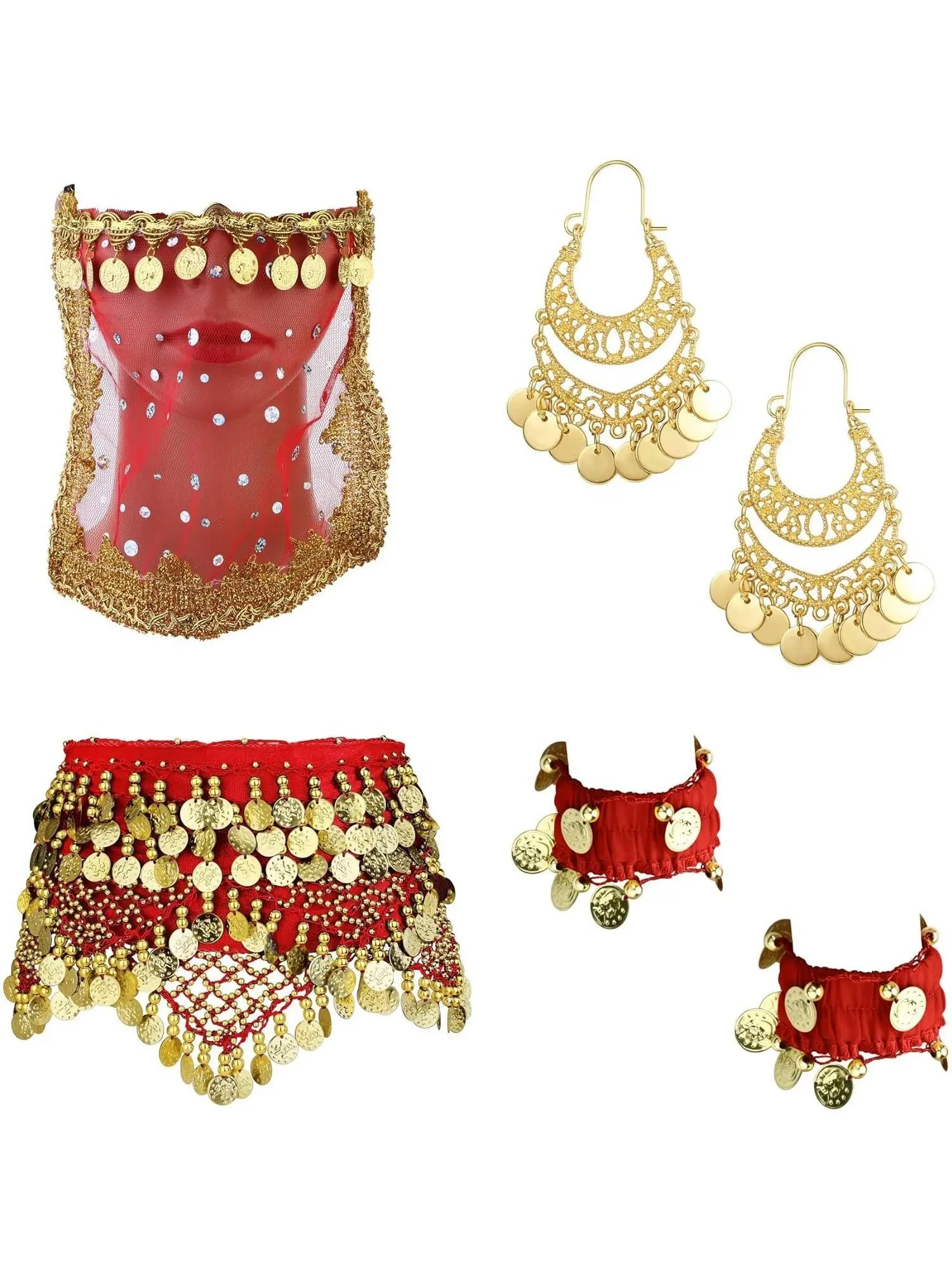 6 Pcs Red Blue Belly Dance Costume Set Bright Colorful Elegant Belly Dance Costume for Women Hip Scarf Golden Coin Drop Earrings Anklet Tribal Face Veil Stretch Cuff Bracelet Accessories Costume Accessory