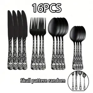 Halloween Dinnerware Set, Tableware Set, Includes Knives Forks Spoons, Durable Stainless Steel Gothic Design, Dishwasher Safe, Perfect for Halloween Parties