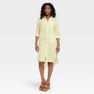 Women's 3/4 Sleeve Midi Shirtdress - Universal Thread Yellow L: Woven Cotton, Front Button, Seam Pocket