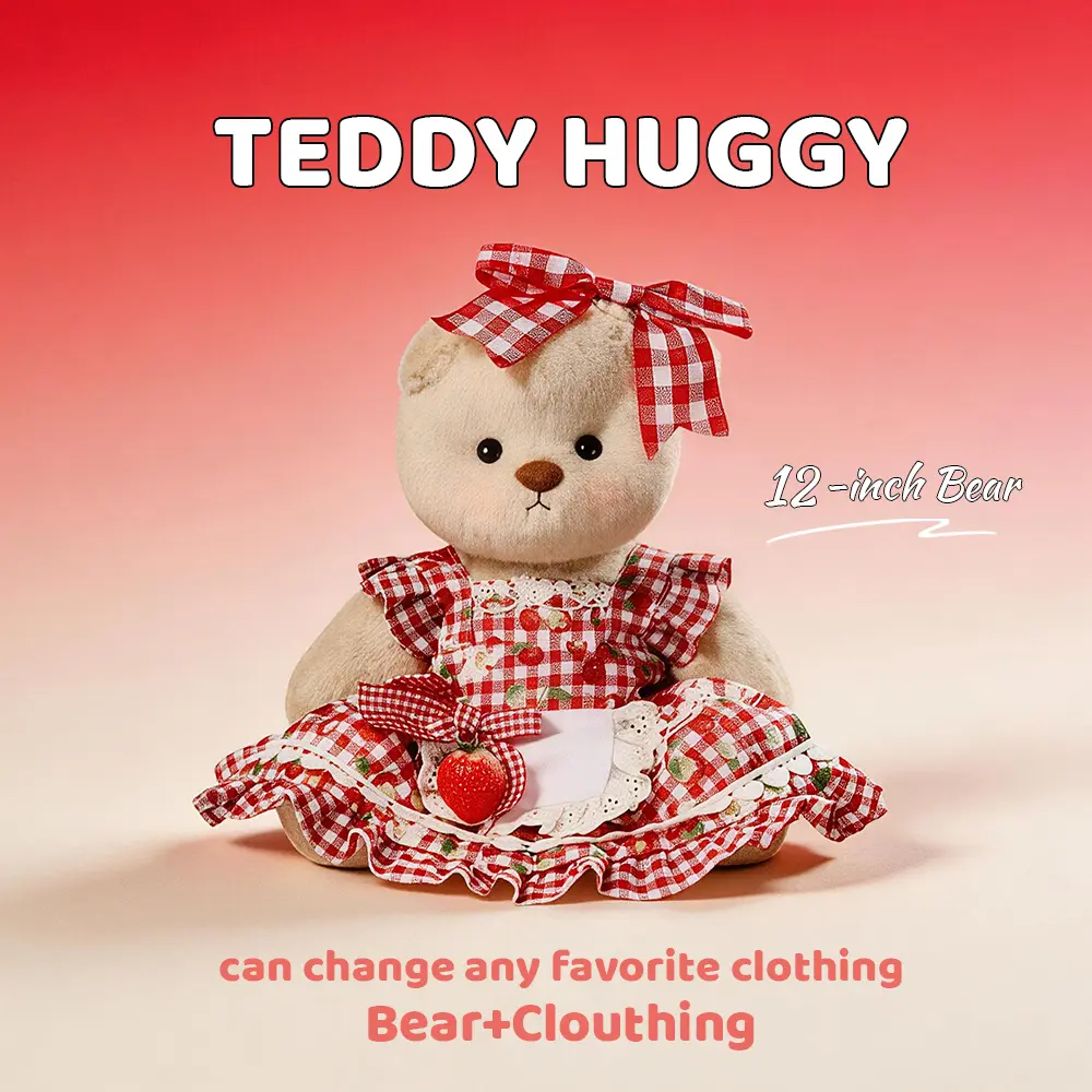 TEDDY HUGGY Strawberry Plaid Dress - 12-Inch Plush Bear Outfit, Dolls Clothes Accessories, Dress Up Doll Apparel, Stuffed Animal Clothes, Cute Girly Gifts