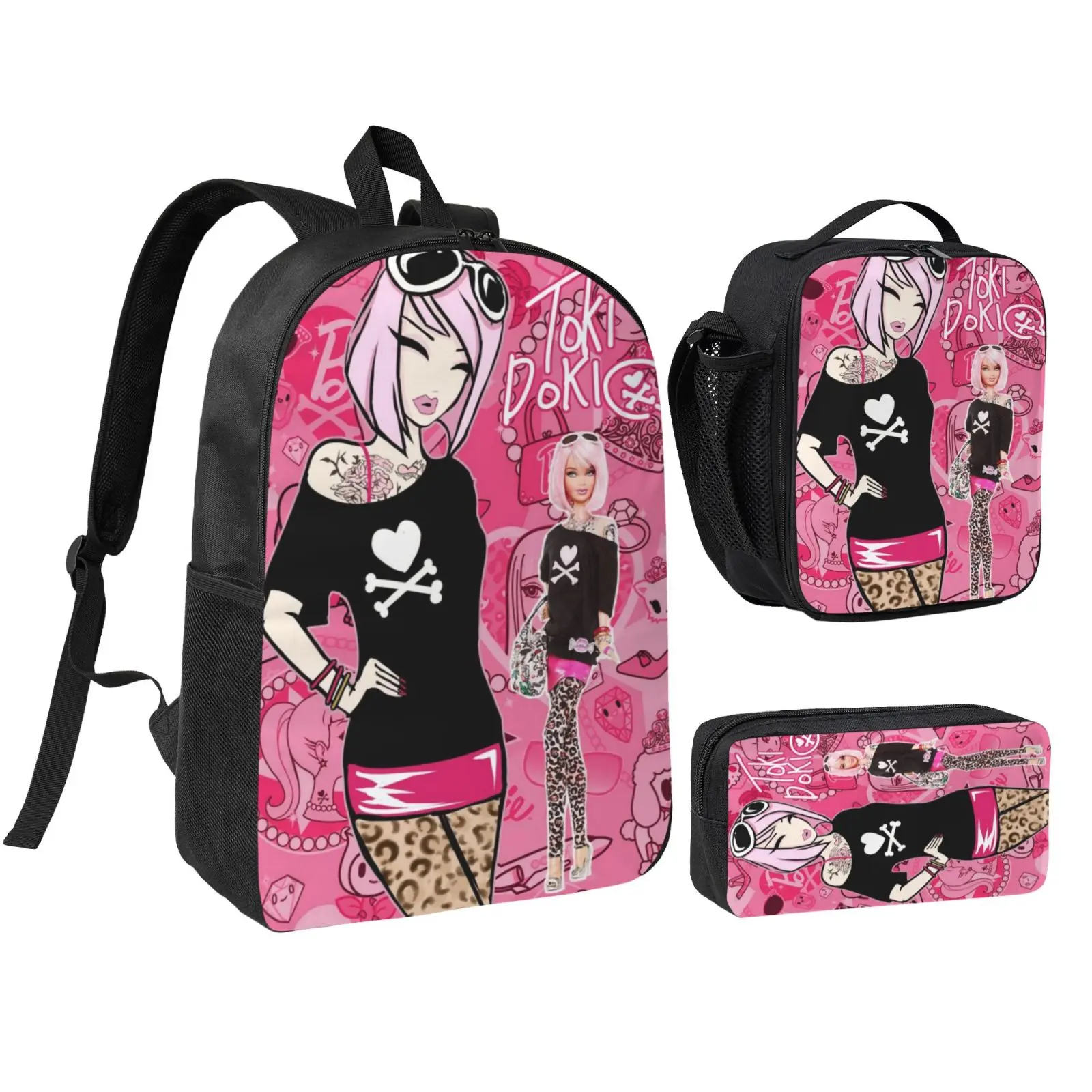Tokidoki Girl 3 Piece Backpack Set Breathable Back Panel with Sturdy Zipper for School Outdoor Travel Hiking Large Medium Small Daypack