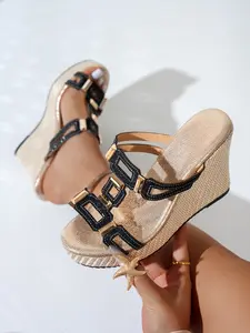 Fashion Women's Sequin Geometric Buckle Sandals, Wedge Sandals for Wedding Evening Wear, Casual Heeled Thick Sole Shoes