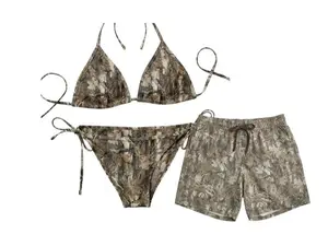 Matching Couple Tactical Camo Swimwear - Woodland Camouflage Triangle Bikini & Men's Drawstring Shorts | Patriotic Summer Beach Outfits