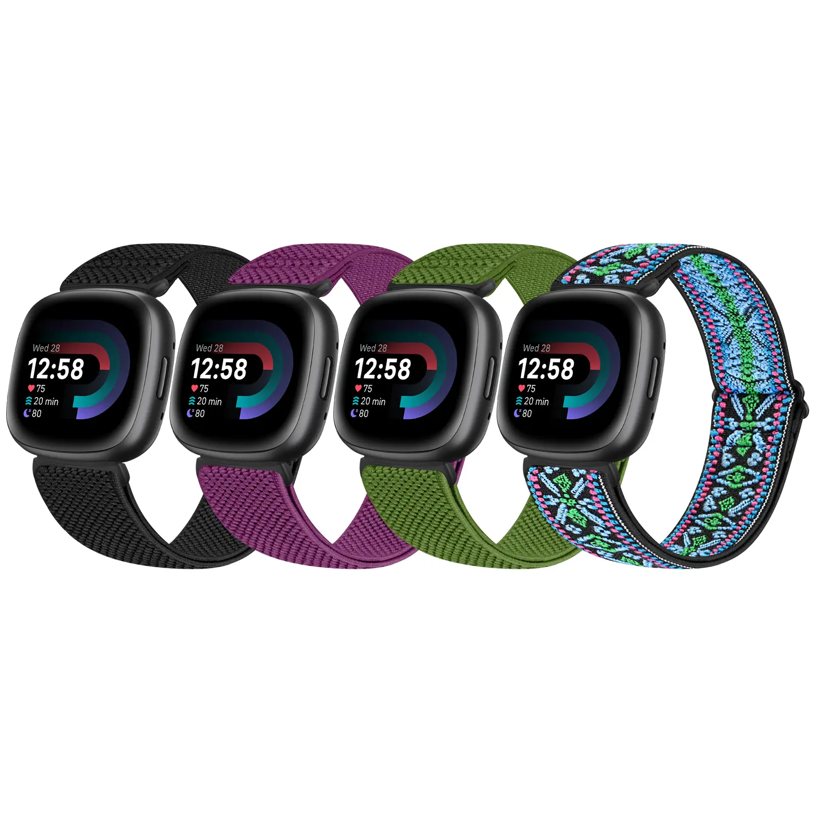 4 Pack Elastic Bands Compatible for Fitbit Versa 4/3 / Sense 2, Adjustable Nylon Stretchy Replacement Sport Loop Straps for Women Men