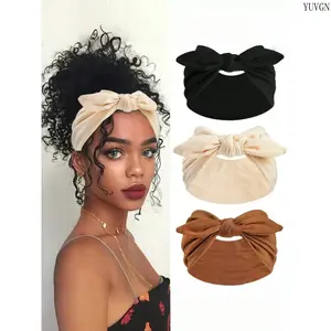 3PCS Boho Knotted Bow Rabbit Ears Headband Set, Extra Wide Elastic Non Slip Hair Hoops, Aesthetic Vintage Hair Bow Headbands, Trendy Styling Hair Accessories for Women Girls Daily Party Casual Outfit