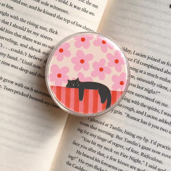 Lazy Black Cat on Red Stripes MagSafe Phone Grip, Cute Kawaii Kitty & Retro Pink Floral Background PopSocket, Aesthetic Cat Lover Phone Accessory