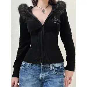 Women’s retro faux fur hooded long-sleeve velvet sweatshirt, slim-fit fall and winter jacket, zipper design, letter pattern