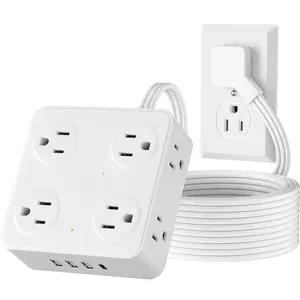 Flat Plug Power Strip with USB C, 6.5FT Flat Extension Cord - 8 AC Outlets and 4 USB(1 USB C), Power Strip with Surge Protector, Wall Mount  Station Office  (White, 15 FT)