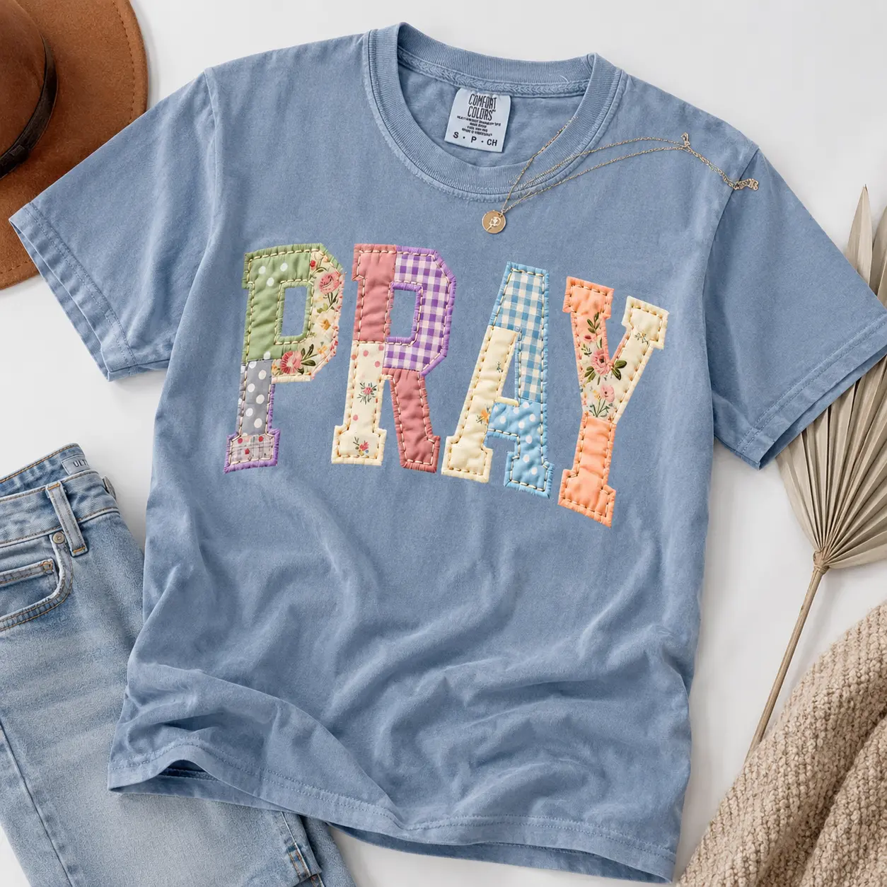 Comfort Colors Pray PRINTED T-shirt Faux Quilted Religious Faux Easter Christian Varsity Faith Tshirt Preppy Cottagecore Jesus Gift, Streetwear, Graphic, Casual, Women, Cotton, Vintage, Everyday, Top, Tee, Round Neck