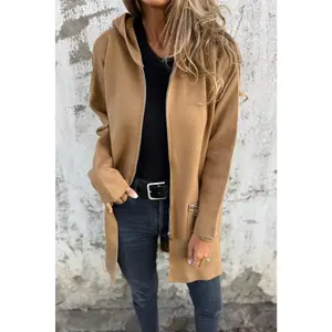 Light French Beige Solid Color Casual Zip up Hooded Coat