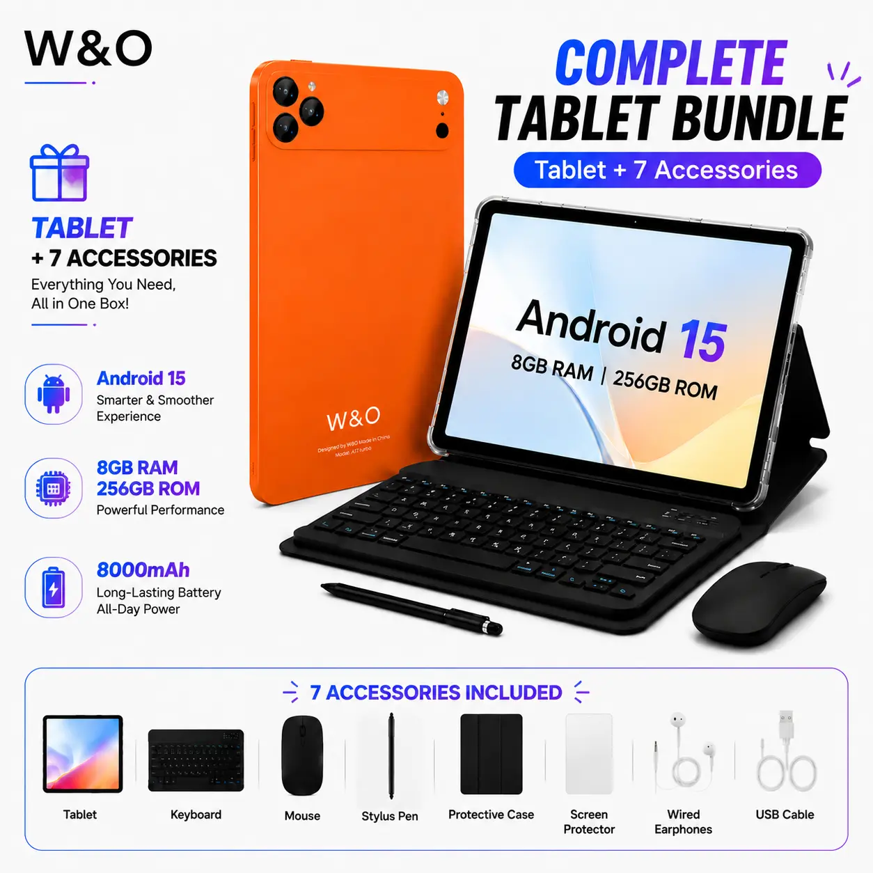 W&O X17 Ultra 7-in-1 Tablet Bundle, 10.1" Android 15 Tablet, 8GB RAM + 256GB ROM, Keyboard Mouse Stylus Case Included, 16MP Rear + 5MP Front Camera,  Portable Tablet for Students, Work, Online Classes & Entertainment cam dual back-to-school flat screen