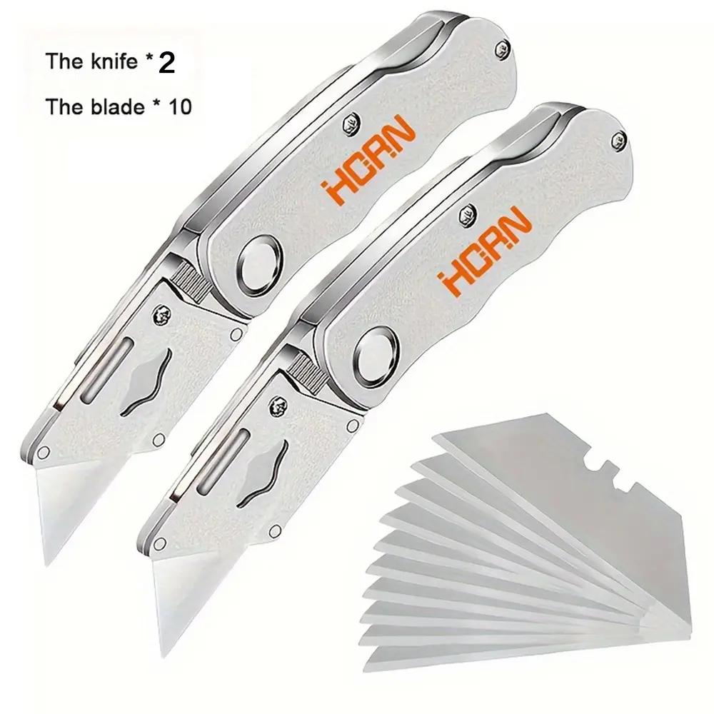 Two Multifunctional Folding Pocket Knives, Electrician Utility Knives (10 Blades Included) - Paper Cutter, DIY Tools, Stainless Steel, High-Carbon Steel. For woodworking, camping, wallpaper cutting, portable hand tools.