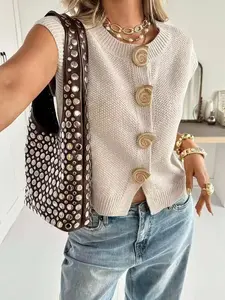 Elegant Women's Knit Vest Top with Buttons, Sleeveless Round Neck Design, Unique Animal Shape Details for Stylish Fall Looks