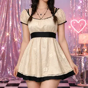 Young Women's Short Sleeve Coquette Lace Mini Dress Square Neck High Waist Vintage E-Girls Aesthetic Daily Date Night Summer Outfit