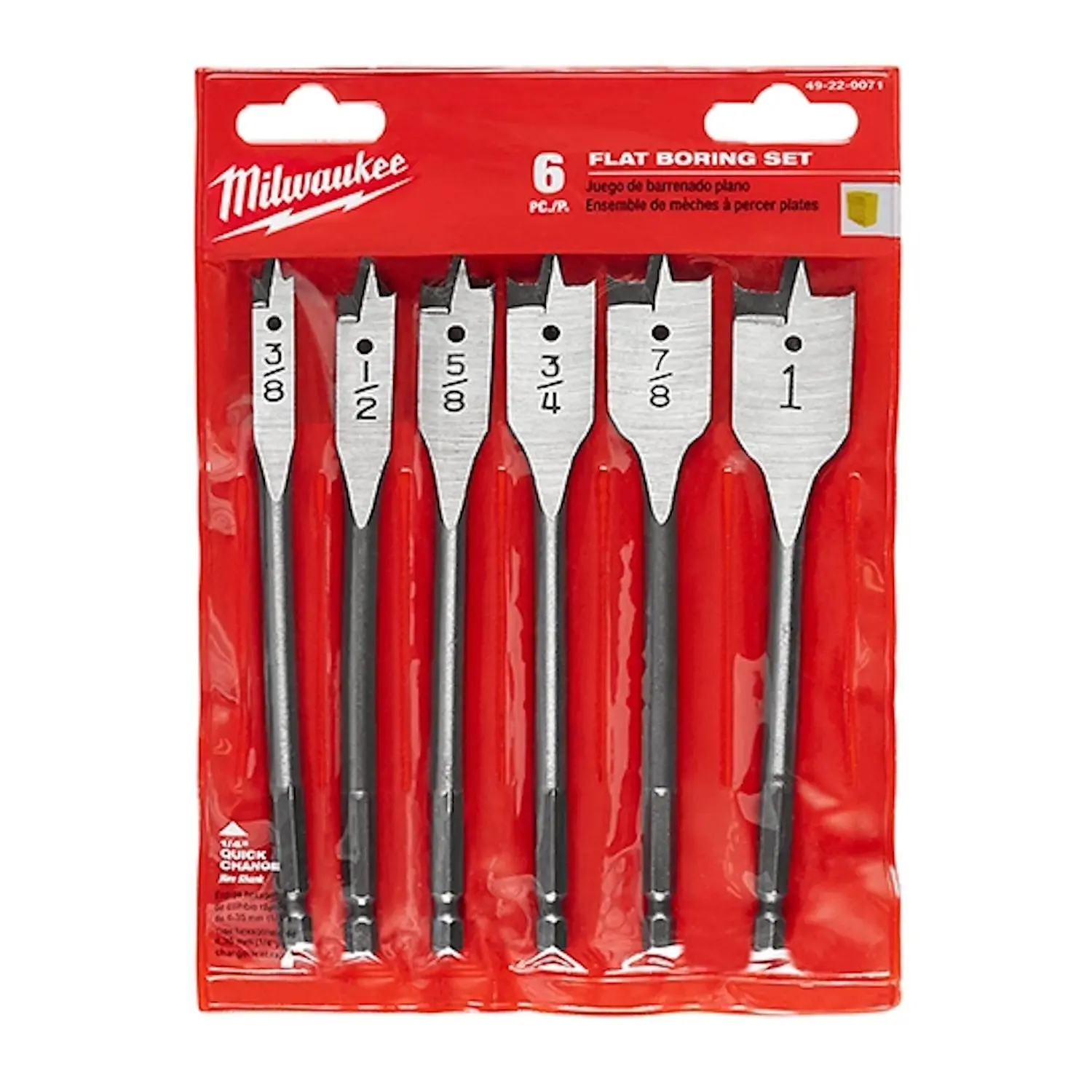 Milwaukee 49-22-0071 Steel 6-Piece Resharpenable Flat Boring Drill Bits Set - 6" Drilling Depth, 3/16" Shank Diameter, Universal Power Tool & Hardware Accessories