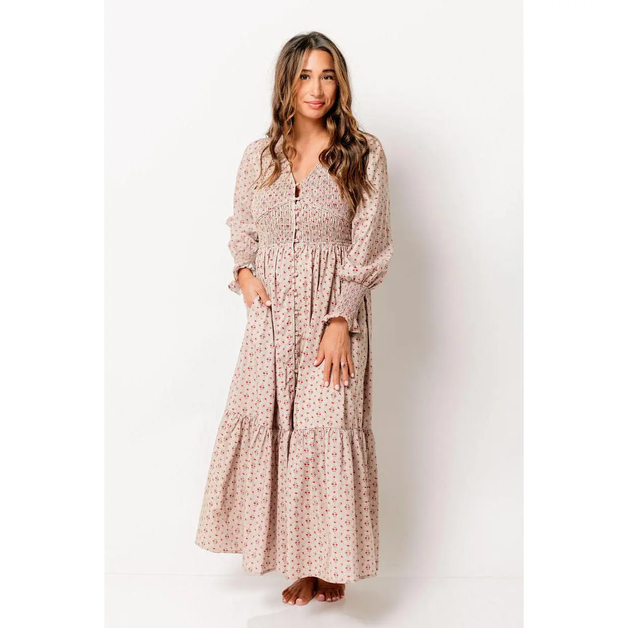 Mercy Cotton Smocked Floral Button Down Maxi Dress in Sepia