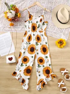 Ready Stock 8Y,9Y,10Y,11-12Y,13-14Y Kids Girls Straps Summer V-neck Sunflower Print Wide Leg Jumpsuit Overall White 462306004 Girlclothes