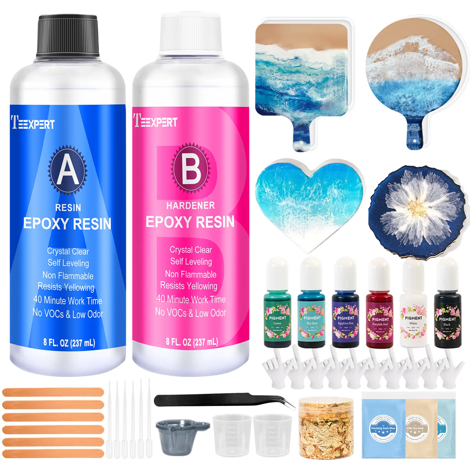 Teexpert Epoxy Resin Kit with Coaster Molds, Epoxy Resin Kit for Beginners, Crystal Clear Art Casting Resin for DIY Resin Coasters 16 FL.OZ