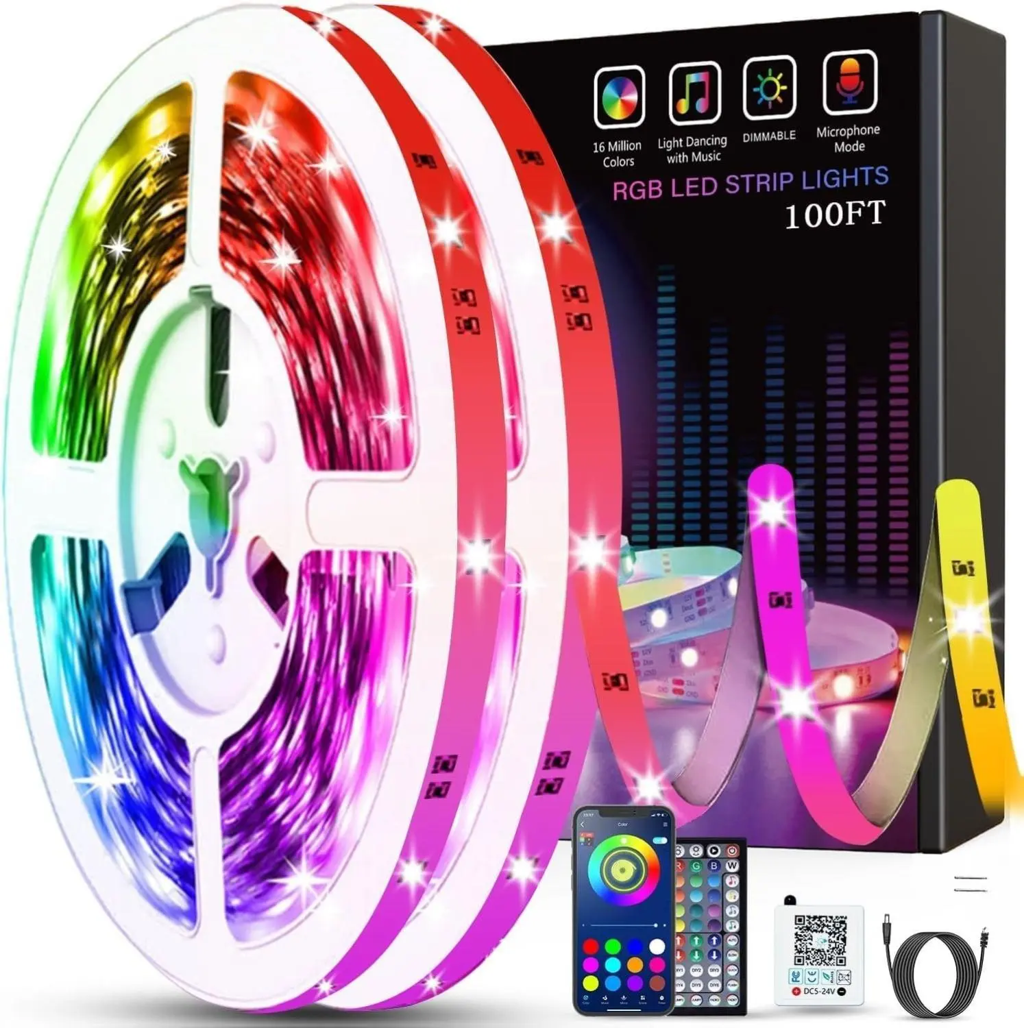 Led Lights for Bedroom 100ft (2 Rolls of 50ft) Music Sync Color Changing Strip Lights with Remote and App Control RGB Strip,Room Home Party Decoration
