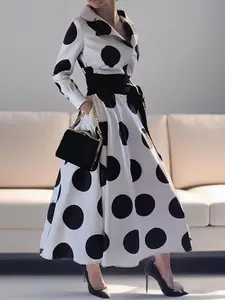 Women's A-Line Long Sleeve Polka Dot Belted Maxi Dress, Casual Summer Fashion, Elegant Pocket Design, Perfect for Parties & Daily Wear