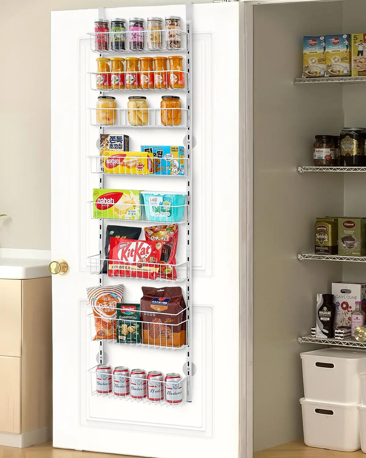 【Summerfinds】VEVOR Over the Door Steel Frame Pantry Organizer, 8-Tier Heavy-Duty Steel Cabinet Storage Rack with Adjustable Slots & Shelves, 26.5 lbs Capacity, Ideal for Renters' Home Kitchen & Laundry Room, White, Bathroom