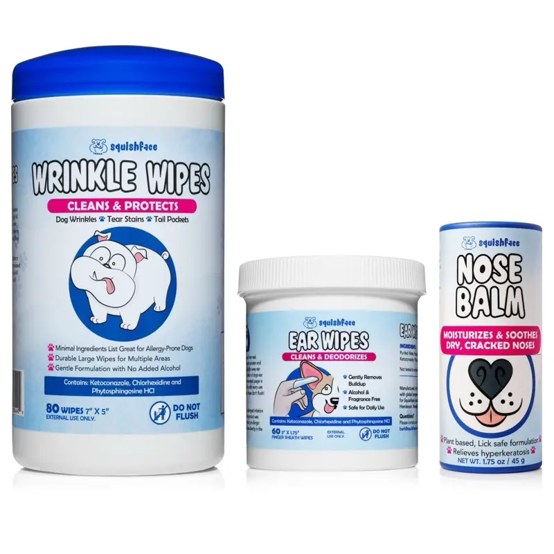 Squishface Dog Wrinkle Wipes + Ear Wipes + Nose Balm Bundle