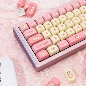 136-Key PBT Dye-Sublimation Custom Keycap Set, Cute Strawberry Chick Theme Pink & Yellow Round Profile XOA Keycaps for Cherry MX Switches Mechanical Gaming Keyboards, TikTok Shop Spring Glow Up Summervibes