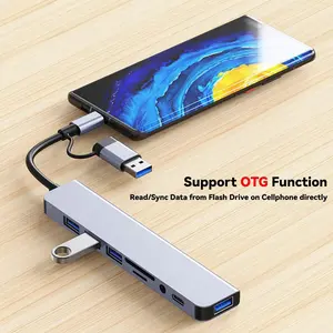 USB C HUB 8-In-1 with SD/TF Reader, Data Transfer Ports, Compact Design, Compatible with Macbook, PC, Android Phone, Tablet, Travel
