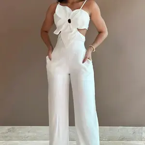 Chicme Floral Pattern Shirred Hollow Out Jumpsuit Overalls Womenswear