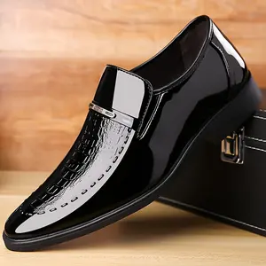 Men's Sleek Black Dress Shoes - Fashionable Casual Lace-Up, Durable Faux Upper for Business & Casual Attire