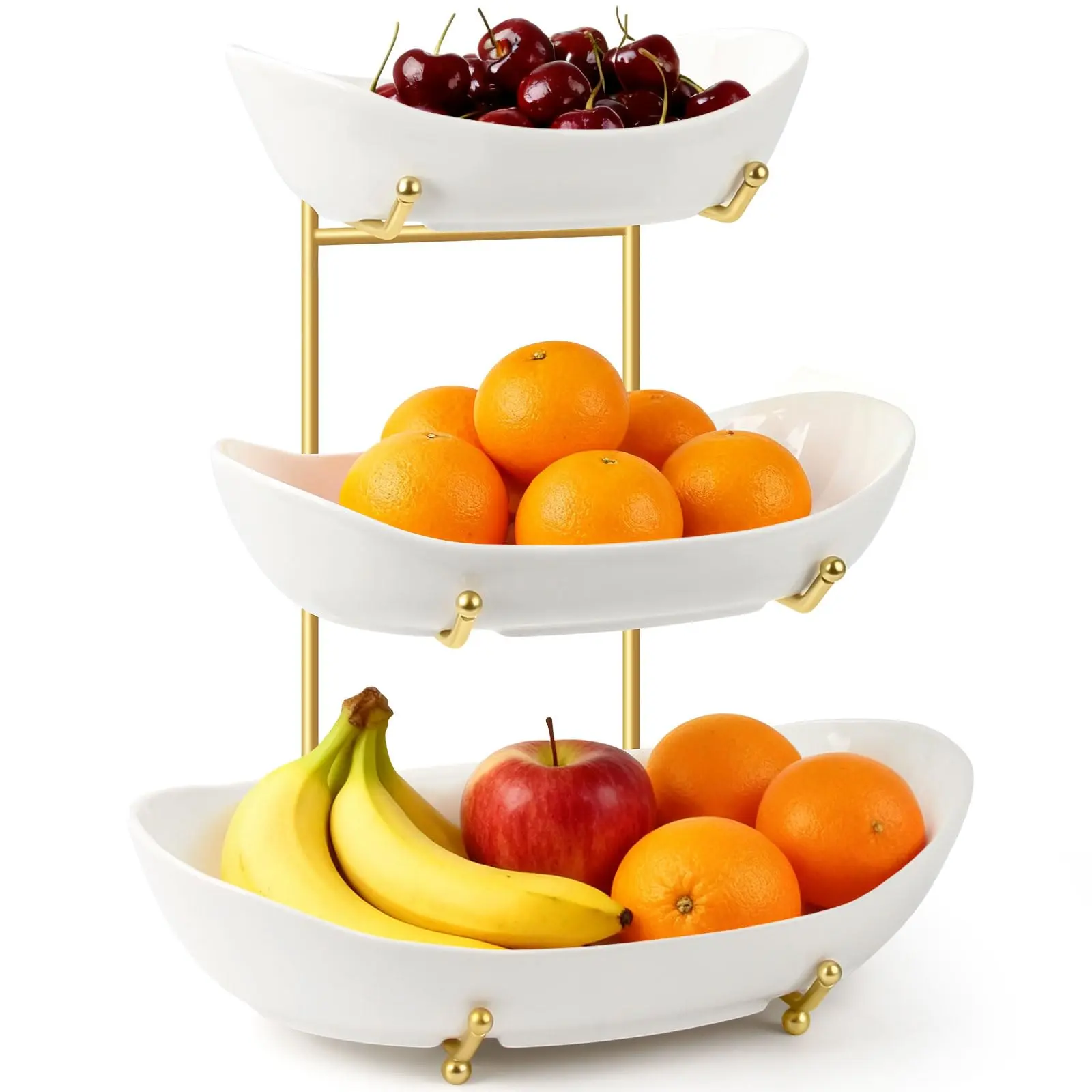 Fruit Bowl for Kitchen Counter Large, 3 Tier Fruit Basket for Counter, Ceramic Holder, Tiered Stand with Metal Stand, Detachable Rack for Fruit Vegetable Snack Dessert Storage (White)