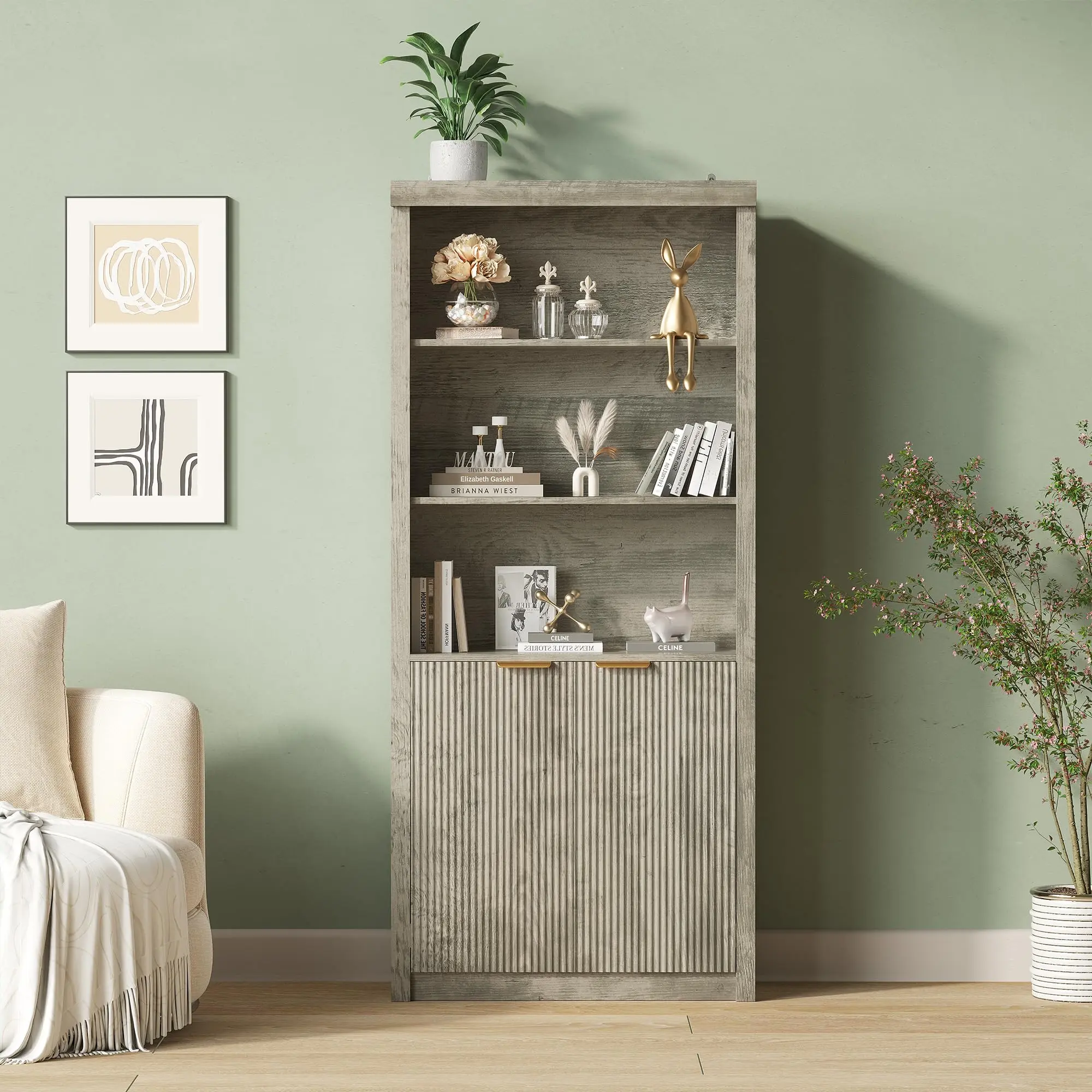 Garvee Tall 5-Shelf Wooden Bookcase with Doors – Adjustable Shelves and Storage Cabinet – Modern Freestanding Bookshelf for Home Office, Living Room, or Studio – Mid-Century Style, Wash Grey