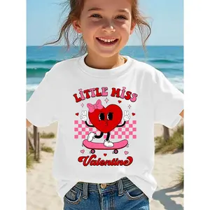 Girls' Cotton Regular-Fit Short-Sleeve T-Shirt - Child-Size, Cute, Graphic, Character-Themed Valentine's Day Summer Top with Little Miss Valentine Print, Bow Elements, Heart Cartoon on Skateboard Design (3Y-13Y) NY-DX4956, Child-Size Girls' T-Shirts, Char