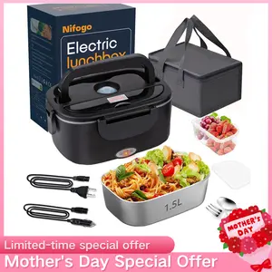Electric Lunch Box 80W Food Warmer 12/24V Portable Heated Lunch Box with Fork & Spoon, Insulated  Bag, BPA Free, Leak-Proof, Modern Design Tableware 80W/1.5L/Black/Tg