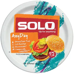 SOLO 10" Large Paper Plates, Jazz 90s Nostalgic Print, Pack of 55ct Paper Plates Disposable