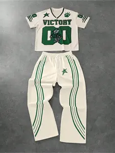 Two-piece set: Victory-themed casual set, off-white and green color-block T-shirt with letter print and drawstring long pants, featuring number 00 and tiger graphic, ideal for trendy outings, campus wear and daily commuting Clothes