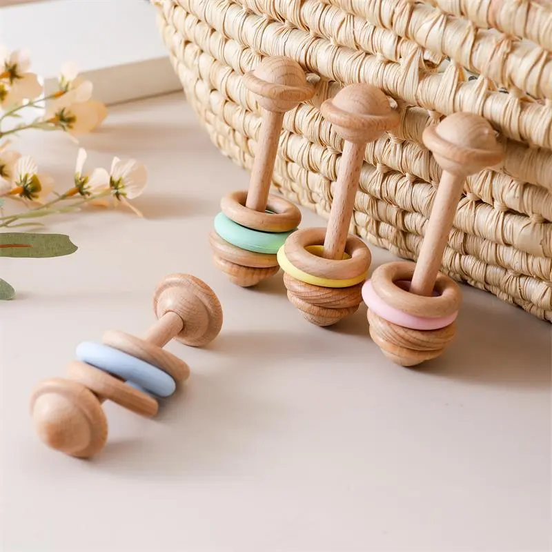 New Wooden Silicone Ring Dumbbell Baby Rattle, Biteable Teether, Beech Wood Soothing Rattle