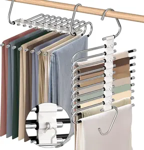 9-Tier Stainless Steel Vertical Trouser Hangers, Space-Saving Home Organizer with 5 Extra Hooks, Non-Slip Coating, Easy Installation, Hanging Clothes Storage for Closets