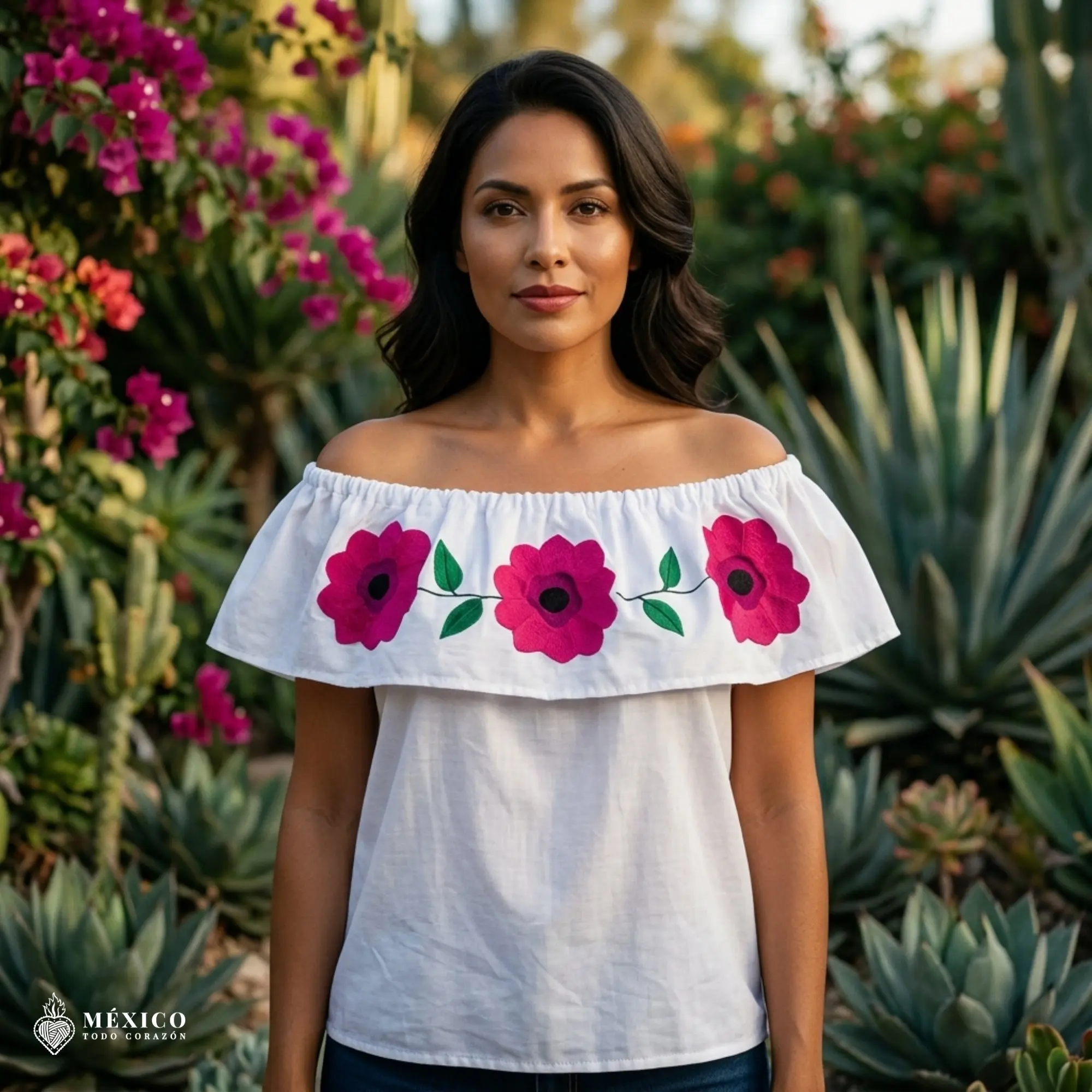 Women's Traditional Cotton Floral Embroidered Peasant Blouse, Pink Flower Design