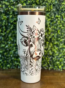 Flower Powered Highland Cow Elegant 40 ounce Tumbler with Copper Accents
