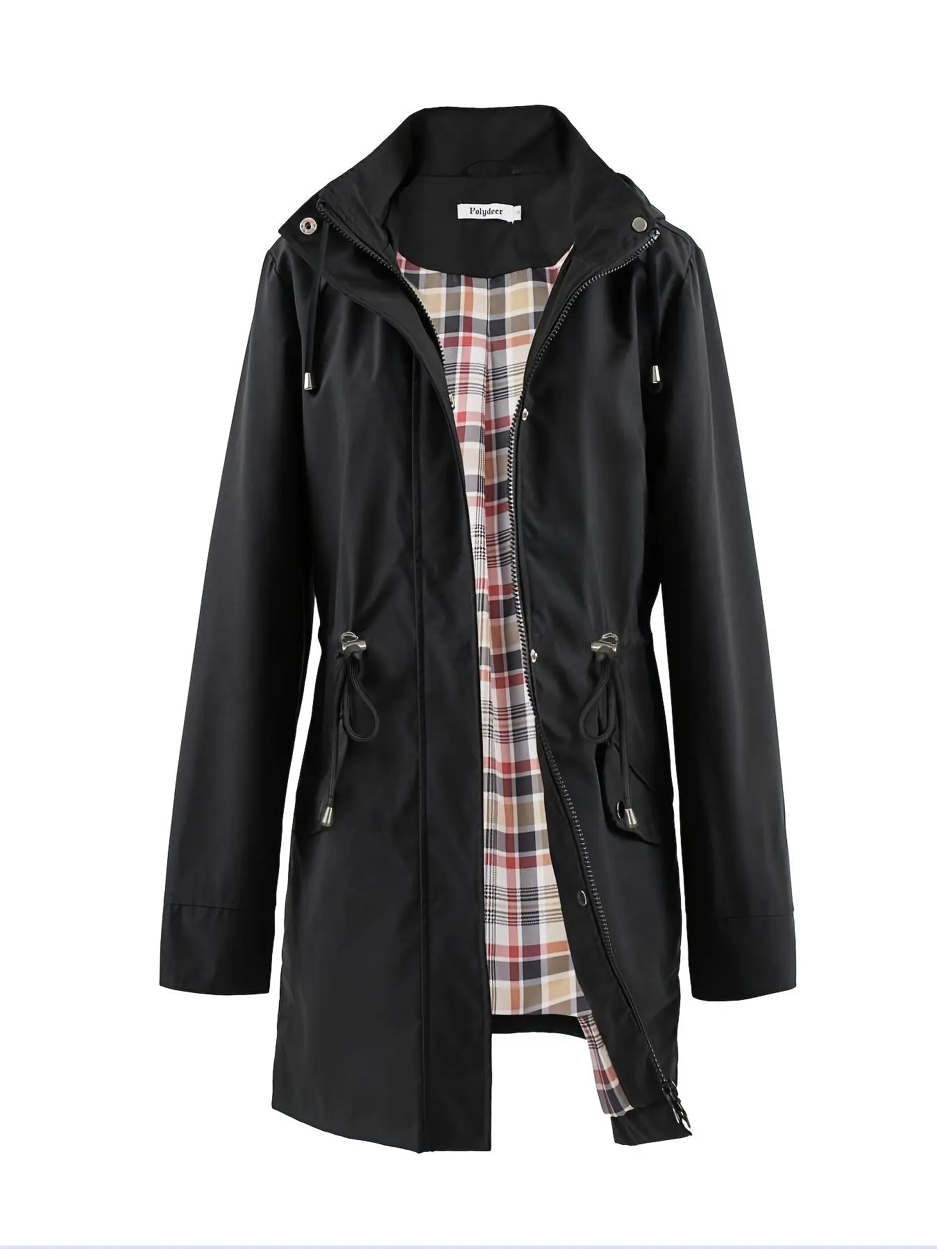 Women's Solid-Color Hooded Windbreaker Jacket, Drawstring Waist, Zip & Button Closure, Waterproof Long-Sleeve Casual Coat for Spring & Fall, Daily Wear