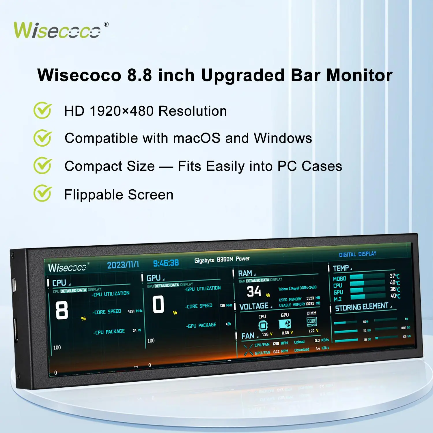 wisecooc 8.8“ Mini Bar Screen Display - Ultra-Wide IPS Panel, Type-C Connectivity, System Monitor for PC and Mac, Portable Monitor For Laptop