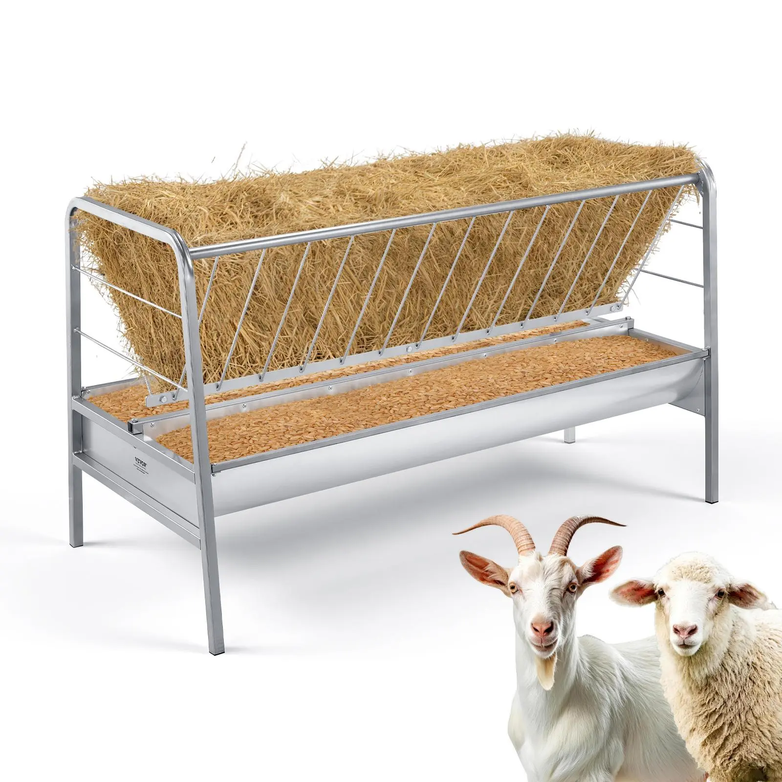 【SummerFinds】VEVOR Livestock Hay Feeder, 2 in 1 Grain & Hay Feeder, 80-Gallon Capacity, 57.9" Long Goat Pasture Feeding with Deeper Feeding Pan, Heavy Duty Steel Grain Holder for Sheep Sheds, Farms, Horse Barns