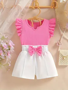 Baby girl clothes, Girls' summer set, bow tie style, flying sleeve top+shorts two-piece set, textured fabric with pit stripes, lotus leaf flying sleeves, three-dimensional bow shorts, suitable for daily home, summer travel