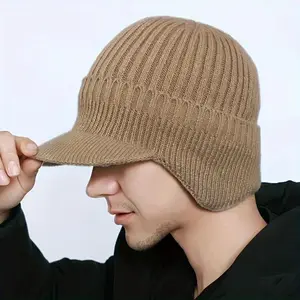 Male Winter Knit Beanie with Ear Flaps - Thick Fleece-Lined, Plain Design, Warm, Cozy for Outdoor Activities, Ideal for Christmas, New Year