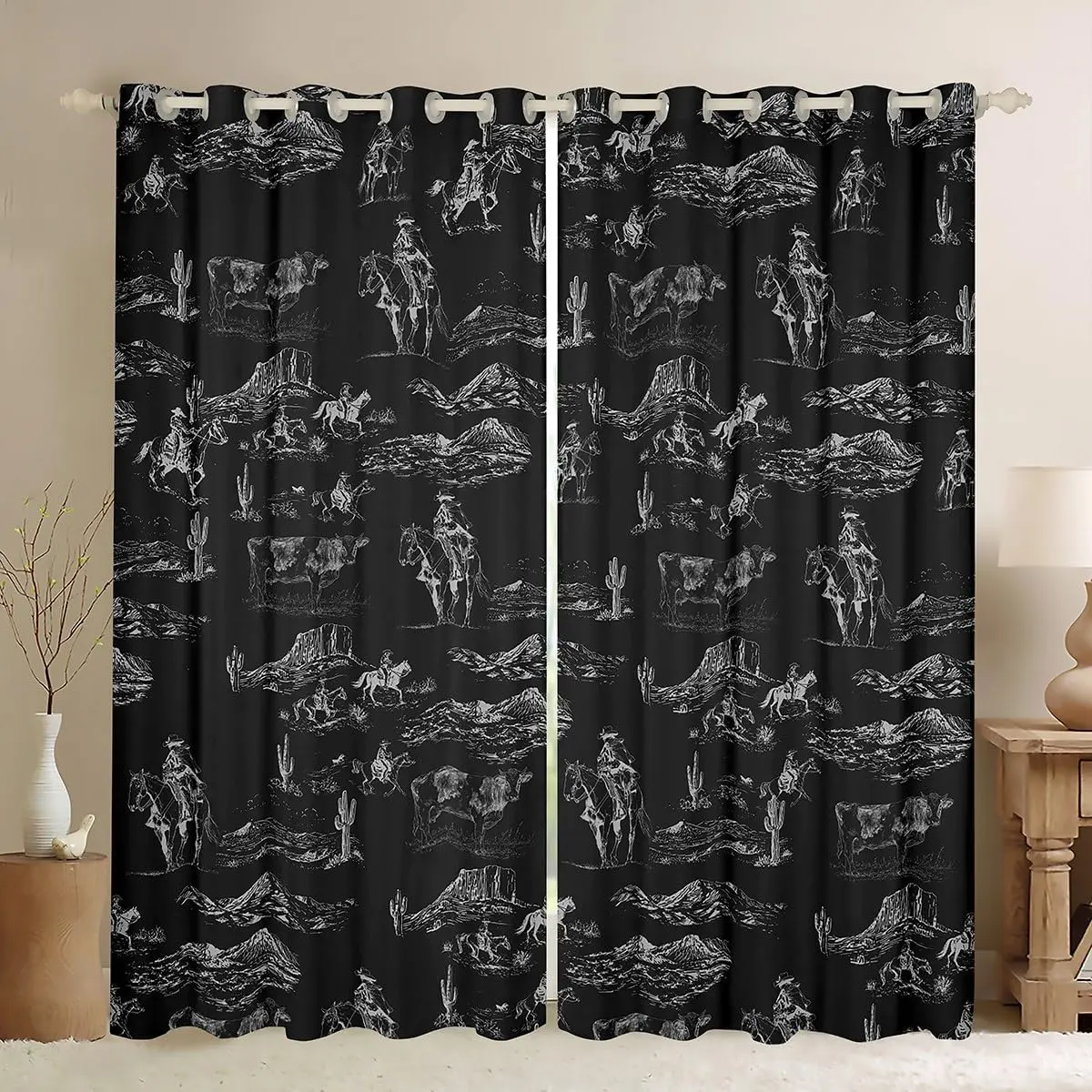 Kids Wild West Cowboy Curtains for Bedroom Living Room (2 Panels) Western Decor Darkening Dreapes Decor Rodeo Cowboy Style Blackout Curtains Black Window Treatments