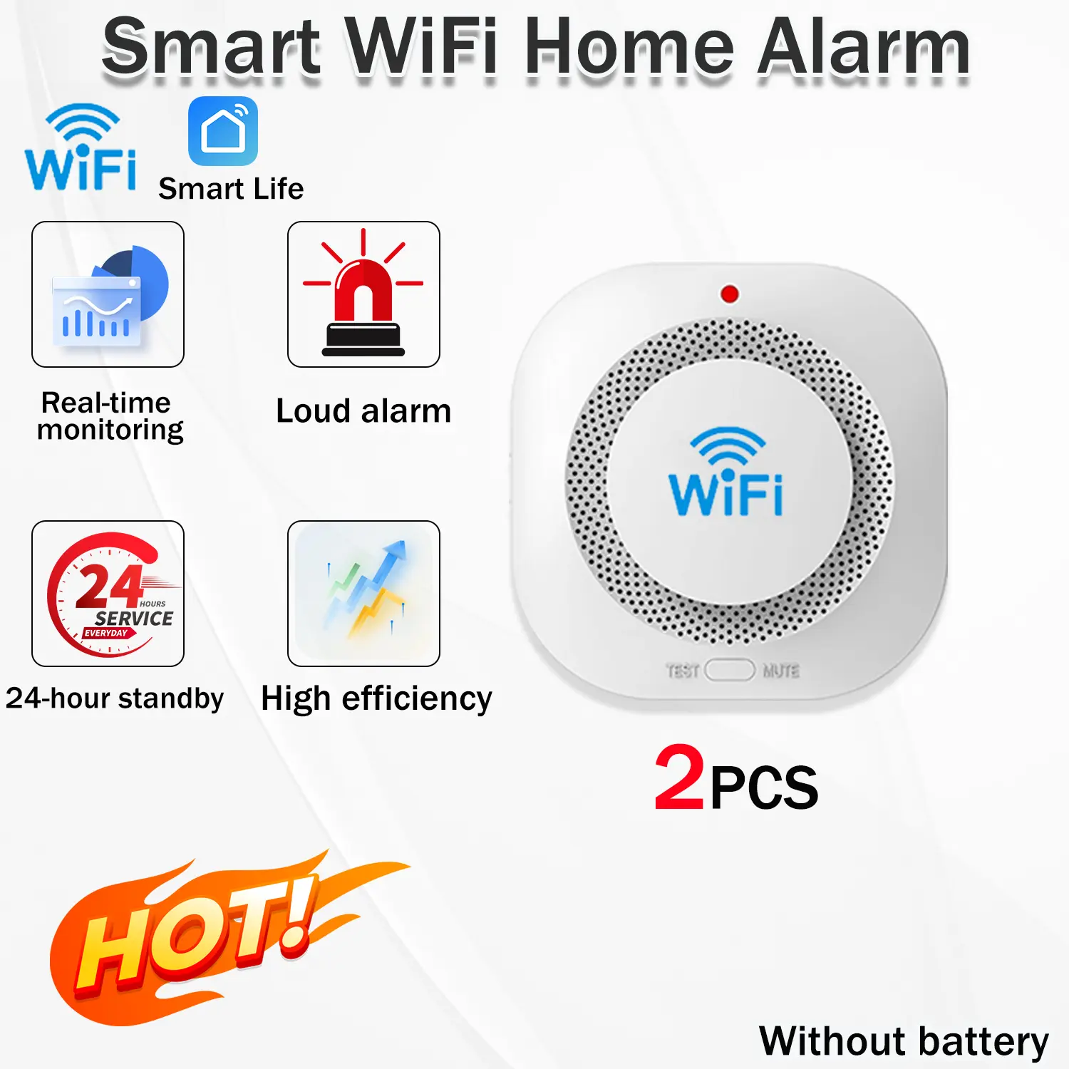2-Pack Tuya Wi-Fi Smart Smoke Detectors - Home Security System Entry Alarm with App-Based Testing, Built-In Voice Speaker, LED Indicator, Automatic Self-Check Functionality