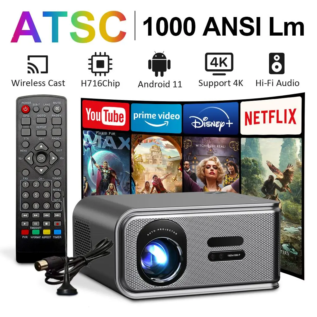 MAXPG S11-ATSC 4K UHD LED Display Projector, Android 11, 1000 ANSI Lumens, Portable Foldable, ATSC Signal Reception, Noiseless Audio Speakers, 360° Bluetooth, Bluetooth RC, H716 Model, Month Remote Control, Digital, Home Use