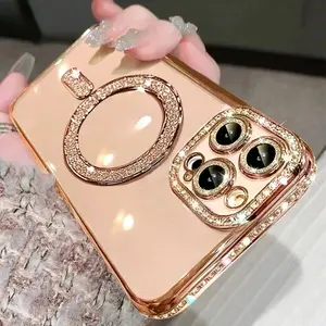 Phone Case - Set of 3 (1 Phone Cover And 2 Screen Protectors) Protective Glitter Case Designed for Iphone 17 16, 15, 14, 13, 12, And 11 Pro Max Plus, Featuring a Magnetic Bumper And Compatible Rhinestone Design, Casing