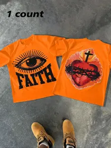 Unisex Letter Print Short Sleeve T-Shirt, Casual Street Heart & Cross Print Tee, Men's Top for Summer, Round Neck